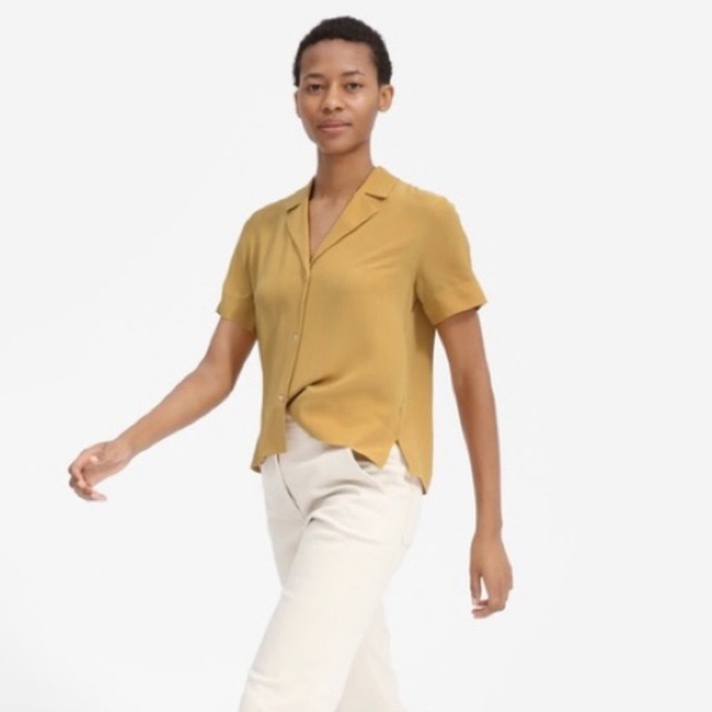 Everlane Silk Short Sleeve Button Down in Mustard Yellow